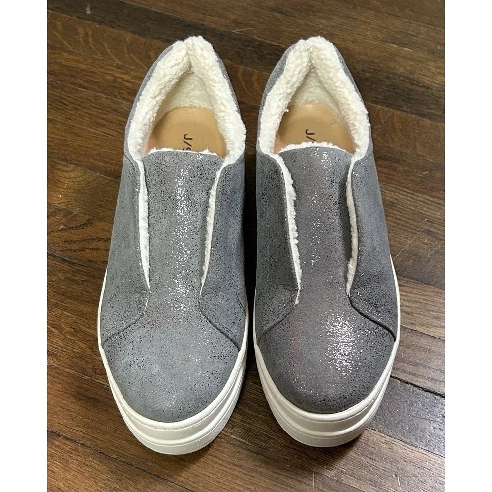 J/Slides Nada platform sneakers feature a pewter metallic suede upper Size 7